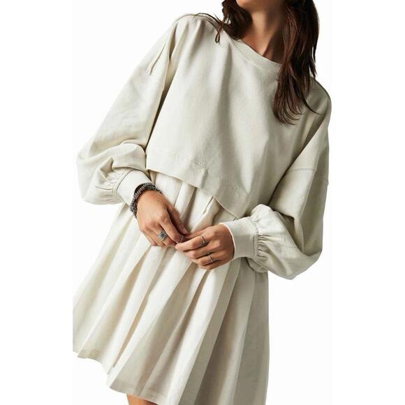 New Free People Eleanor Layered Sweatshirt Minidress In Ivory Size L $128 - Picture 3 of 10
